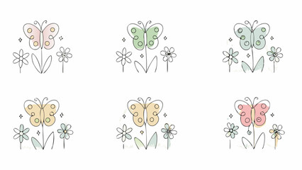 Collection of six watercolor butterflies with flowers in pastel shades on a white background