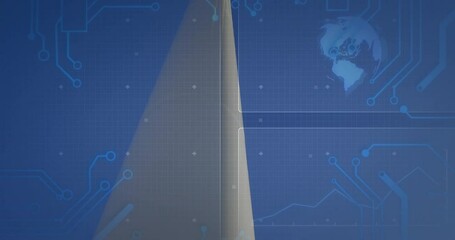 Circuit code map animating driving technician wearing vest emerging hatch inspecting turbine hub - Powered by Adobe