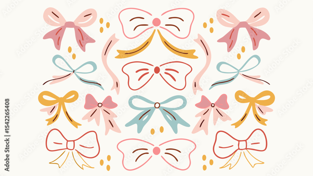 Poster collection of assorted ribbon bows in various colors and styles arranged in a repeating pattern