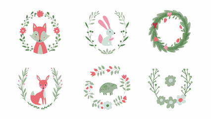 Illustration of six wreaths with animals and flowers in a watercolor style arrangement design