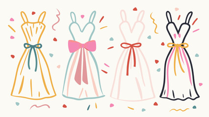 Aesthetic illustration of four dresses with bows and straps surrounded by confetti design elements