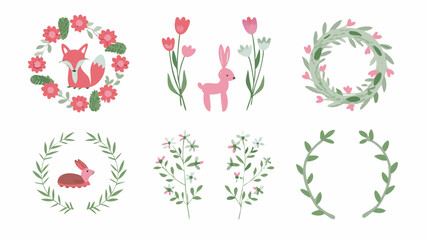 Illustration featuring a fox in a floral wreath, a rabbit with tulips, and various leafy wreaths