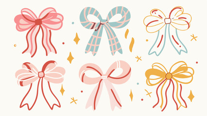 Illustration of six decorative bows in various colors and patterns on a light background design style
