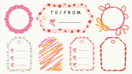 Illustration of assorted gift tags and decorative frames with pink and red accents displayed neatly
