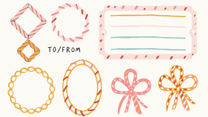 Illustration of assorted decorative frames bows and a to from label with colorful candy cane accents