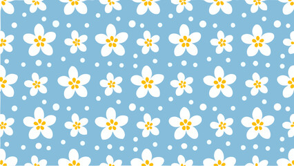 Seamless pattern of white flowers with yellow centers and white dots on a light blue background design