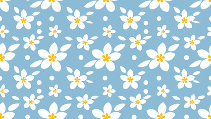 Floral pattern with white flowers and yellow centers on a light blue background in repeat design