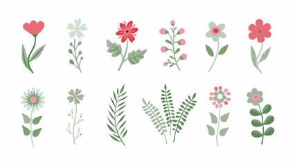 A collection of stylized floral elements with various flower and leaf designs arranged in a row