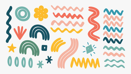 Collection of hand drawn colorful abstract shapes including waves circles rainbows and stars on white backdrop