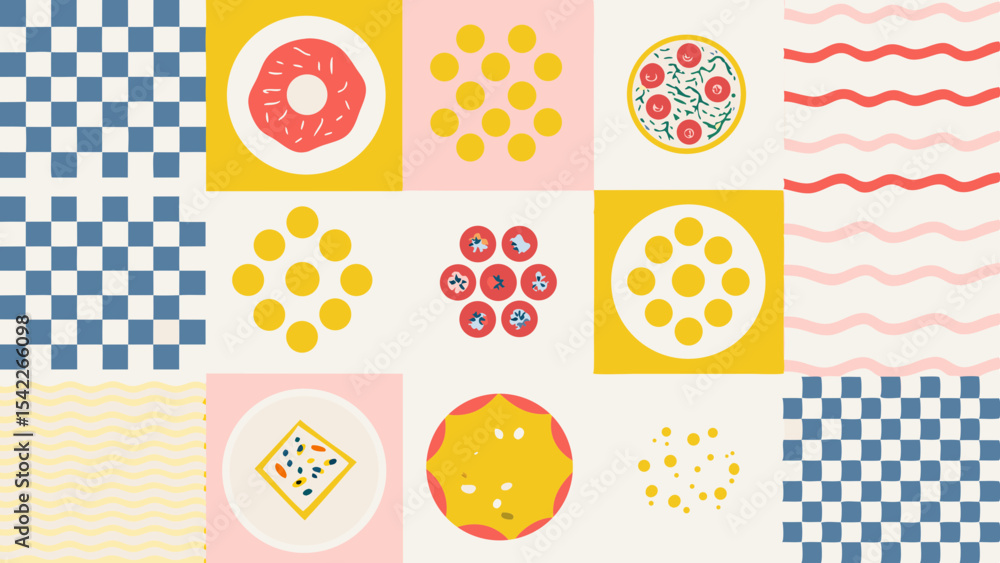 Poster arrangement of checkered patterns, circles, waves, and food items in a grid format design