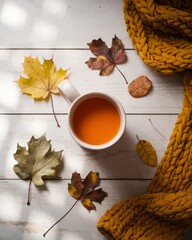 Cozy autumn vibes warm drink maple leaves