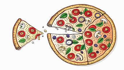 Top down view of a pizza with tomatoes, onions, basil, and mushrooms with a slice removed and floating