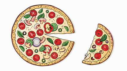 Illustration of a pizza with a slice removed showing tomatoes mushrooms and basil on a white background