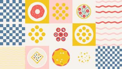 Arrangement of checkered patterns, circles, waves, and food items in a grid format design