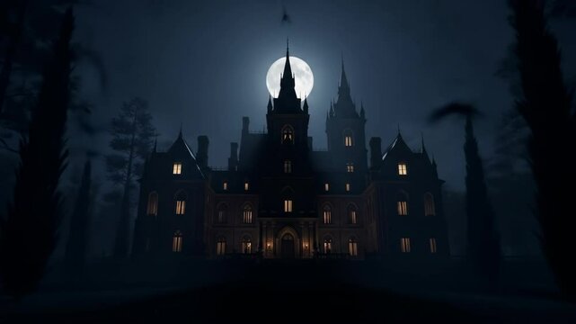 Old gothic mansion with eerie glowing windows at night. Full moon over haunted house in creepy forest. Spooky Halloween concept.
