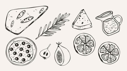 Illustration of cheese rosemary watermelon juice pizza garlic fig and sliced oranges in black outline style