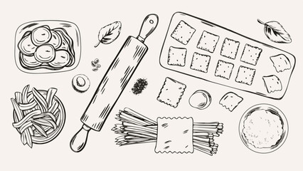 Illustration of pasta dishes, crackers, rolling pin, and ingredients on a light background surface
