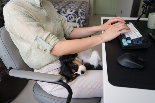 Woman working remotely with AI assistant and dog