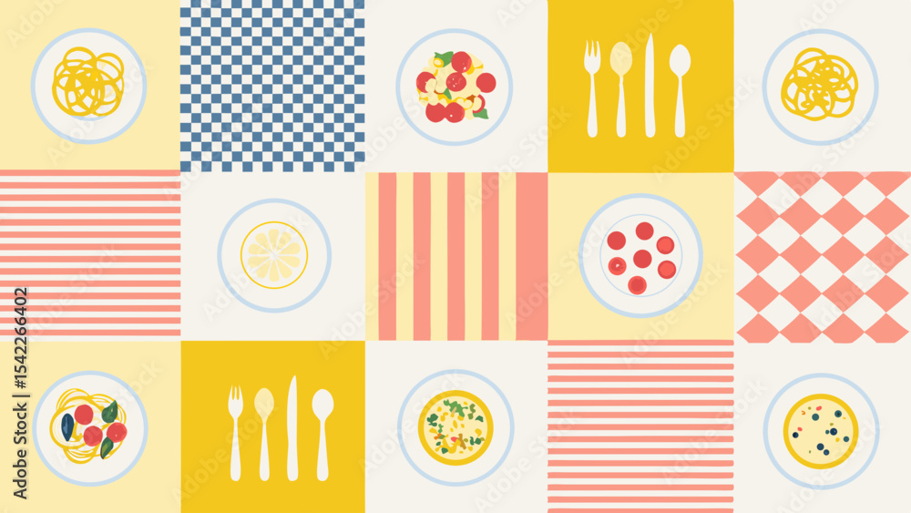 Poster assorted food dishes and patterns arranged in a grid with a bright and colorful aesthetic style desi