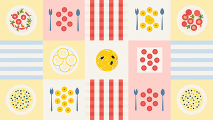 Aesthetic collage of food items including tomatoes lemons and peas with striped and solid color backgrounds