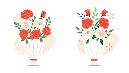 Two vases with red and white roses and green leaves on a white background in a vector art style