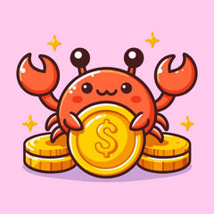 Cute cartoon crab holding golden coins, symbolizing wealth and prosperity.