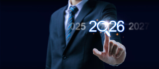 Goal target. business man touch on icon from success year 2026, happy new year, investment, business investment planning, countdown to 2026 from 2025, growth and development company concept