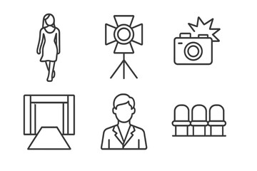 Fashion Runway Icons. Line style icons of fashion runway: model walk, spotlight, camera flash, audience seats. fashion stage,