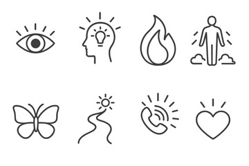 Spiritual Awakening Icons. Line style icons of spiritual awakening: open eye, mind light, soul flame, rising spirit.