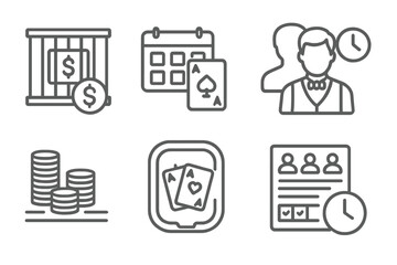 Casino Icons Collection. Line style icons of casino management: cash cage, game schedule, dealer shift, chip count. table setup,