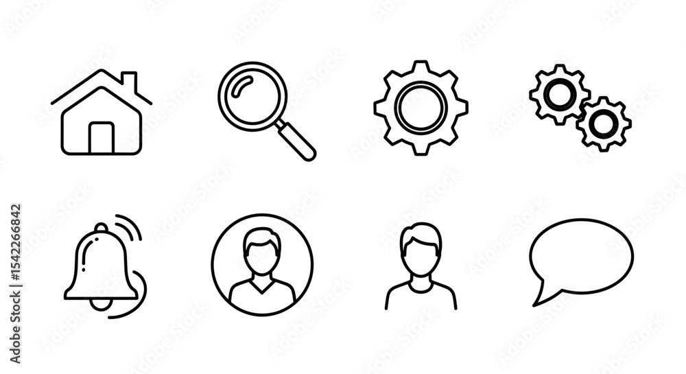 Poster vector collection of eight distinct outline icons arranged in two rows displaying various symbols an