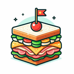 Stylized sandwich with ham cheese  veggies topped with a cherry and flag