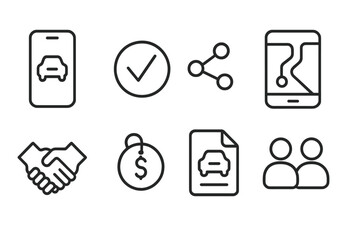 Future Mobility Icons. Line style icons of future mobility: ride-sharing app icon, digital pickup badge, co-ride match chart,
