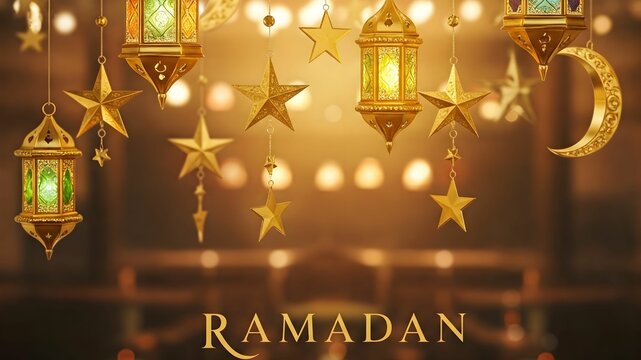ramadan kareem golden poster wit stars and lanterns decoration