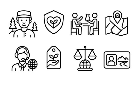 Eco Tourism Icons. Line style icons of sustainable tourism and eco travel: local community guide, eco-volunteering badge, cultural