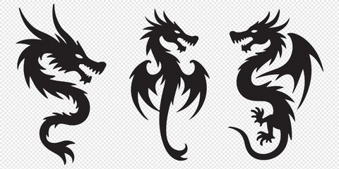 Set of black dragon silhouettes with wings Vector.