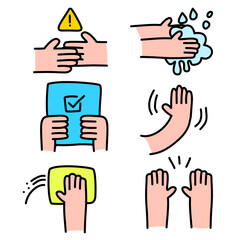 set of hand gestures icon. Hand-drawn vector icons representing cleaning activities and healthy
