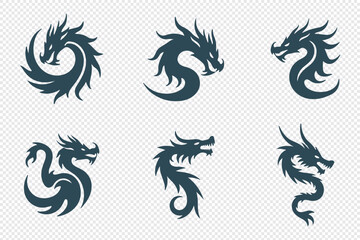 Set of Winged Dragons – Black Vector Silhouettes of Fantasy Reptile Creatures
