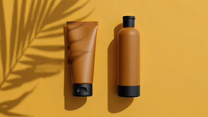 Suncare Product Mockup Amber Tubes and Bottle on Yellow Background