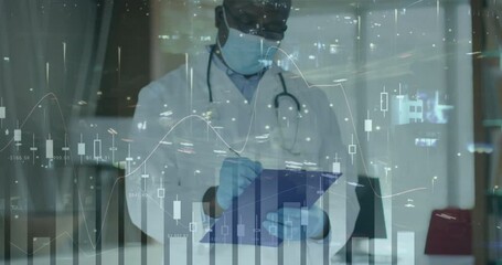 Reviewing clipboard medical doctor writing patient observations while financial charts animating - Powered by Adobe