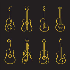 gold collection of classical acoustic guitar isolated on black background