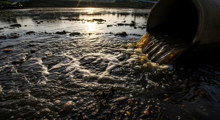 Contaminated water flowing from a large pipe into a dark, polluted river. Environmental pollution concept and wastewater discharge problem.