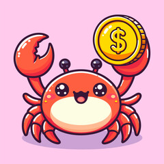 A cheerful cartoon crab holding a gold coin with a dollar symbol.