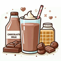 Sweet treat scene with chocolate milk glass waffle jar and assorted chocolates all stylized in a cute cartoonish style