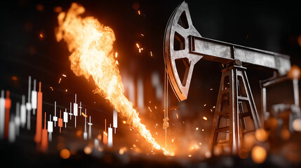 The Fire of Industry: An intense visual narrative of the oil industry, a lone oil pump, engulfed in flames, symbolising both the power and the volatility.