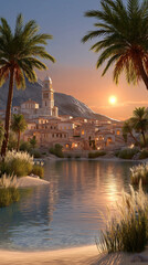 Serene Coastal Town at Sunset: A picturesque coastal town nestled amidst lush palm trees and serene waters, basking in the warm embrace of the setting sun.