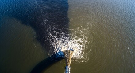 Water pollution from industry pipe. Stream of sewage from a sewer line creating dirty foam in the sea or lake. Waste discharge causing environmental impact.