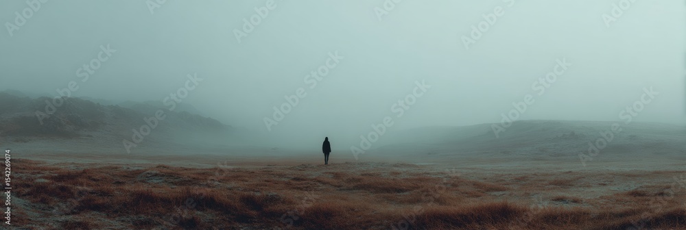 Poster mysterious foggy landscape revealing symbolic emptiness in center with lone figure wandering through