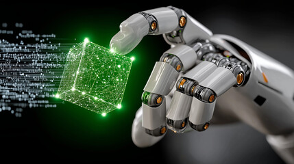 Robotic Hand and Digital Cube: This captivating image showcases a mechanical hand delicately grasping a luminous digital cube, against a backdrop of binary code.