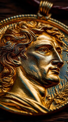 Golden Relic: A close-up shot showcases a stunning antique golden medallion, intricately carved with a classic portrait, capturing the timeless allure of antiquity.